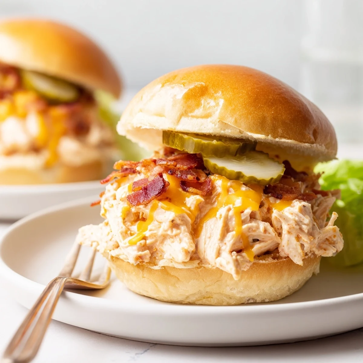 Crack Chicken Sandwiches piled hot on brioche, gooey cheese and bacon