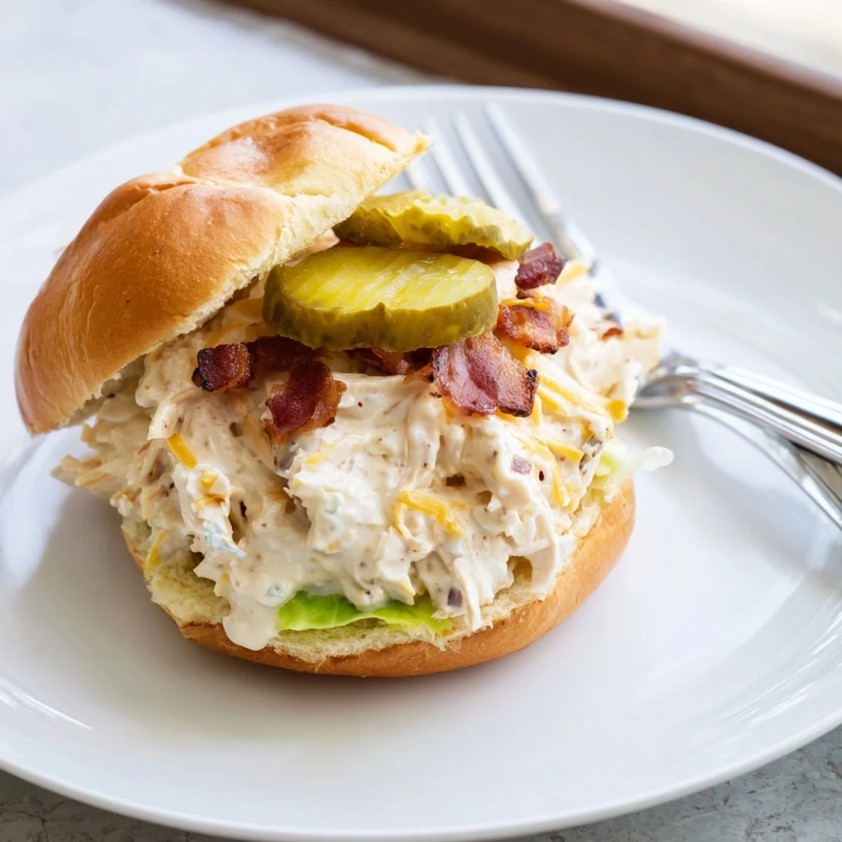 Warm Crack Chicken Sandwiches topped with crisp bacon, pickles, and iced tea