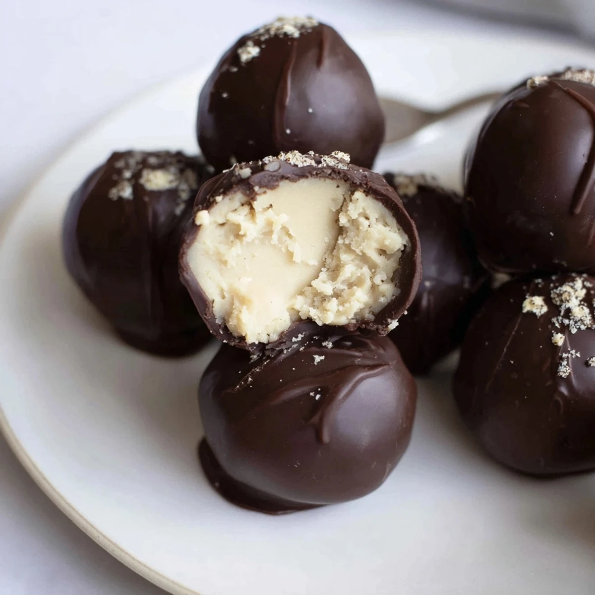 Dark Chocolate Eggnog Truffles with glossy shells and creamy, spiced centers