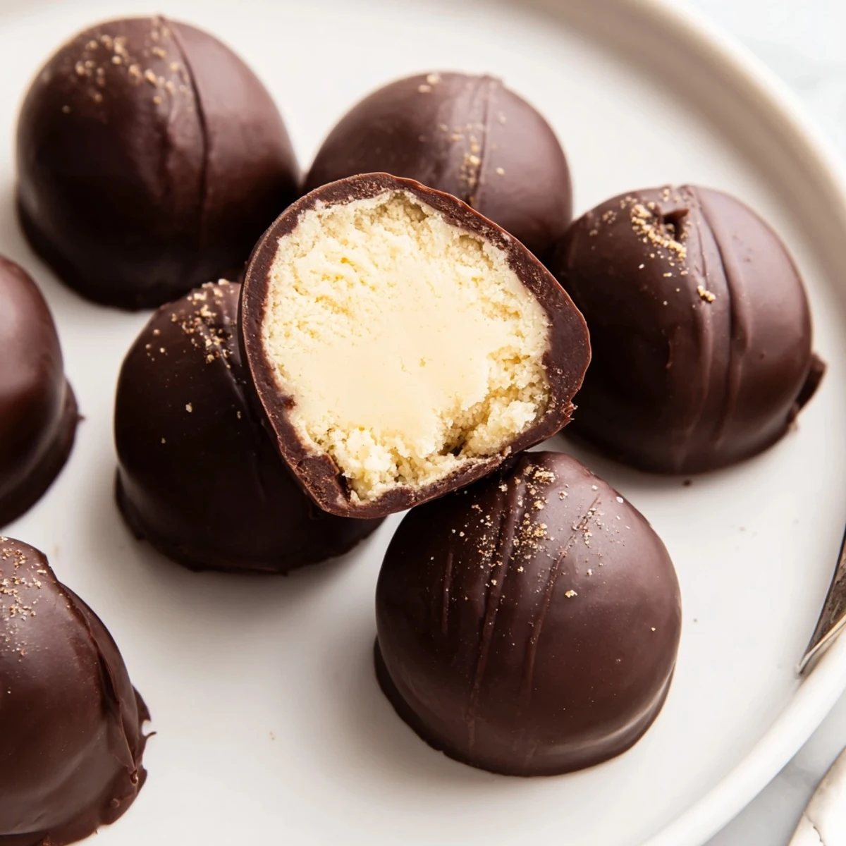 A holiday platter of Dark Chocolate Eggnog Truffles dusted with nutmeg