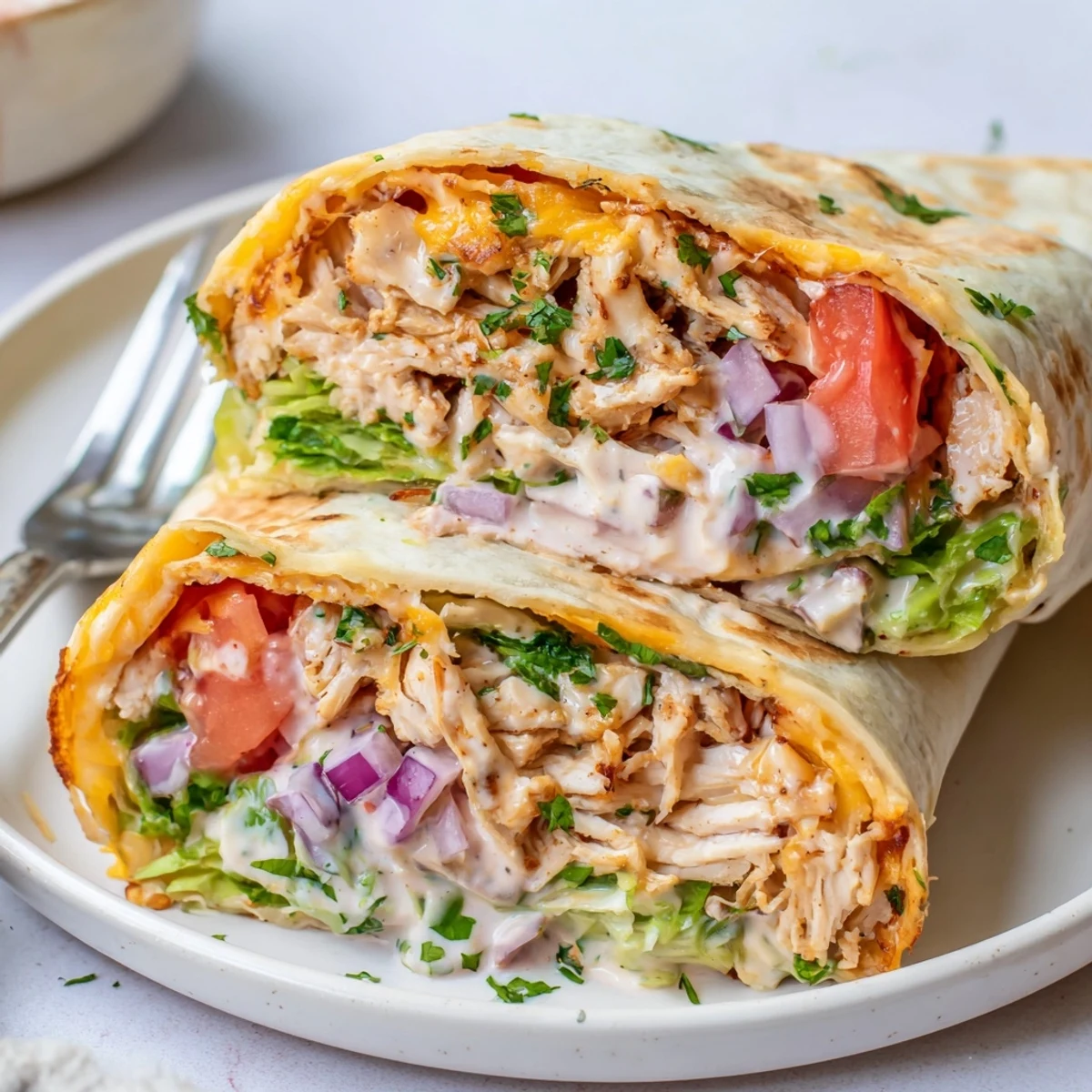 Warm Cheesy Garlic Chicken Wraps with melted cheddar, crisp lettuce, and tomato