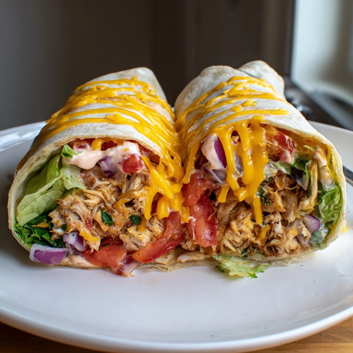 Handheld Cheesy Garlic Chicken Wraps toasted until golden, served with lemony sauce