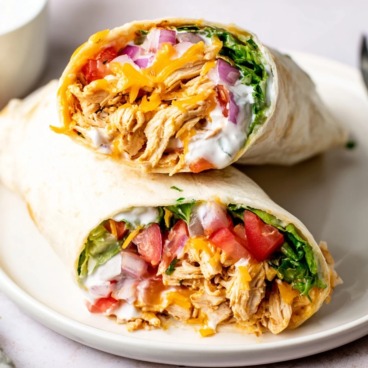 Garlicky aroma rises from Cheesy Garlic Chicken Wraps, sliced and oozing cheese