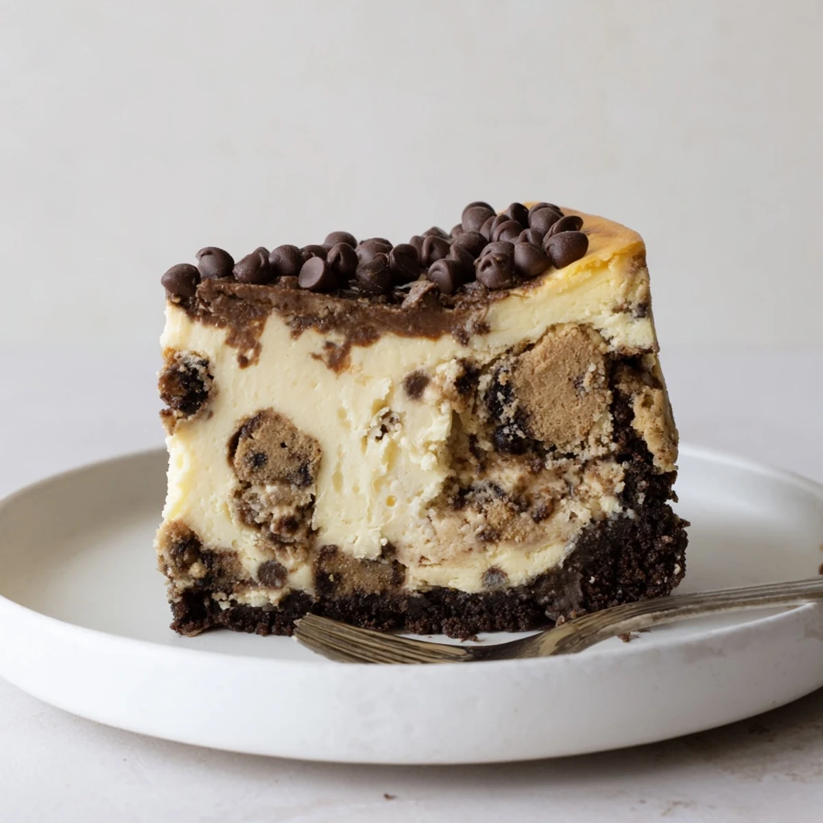 Chocolate Chip Cookie Dough Cheesecake on chocolate cookie crust, chilled slices with drizzle