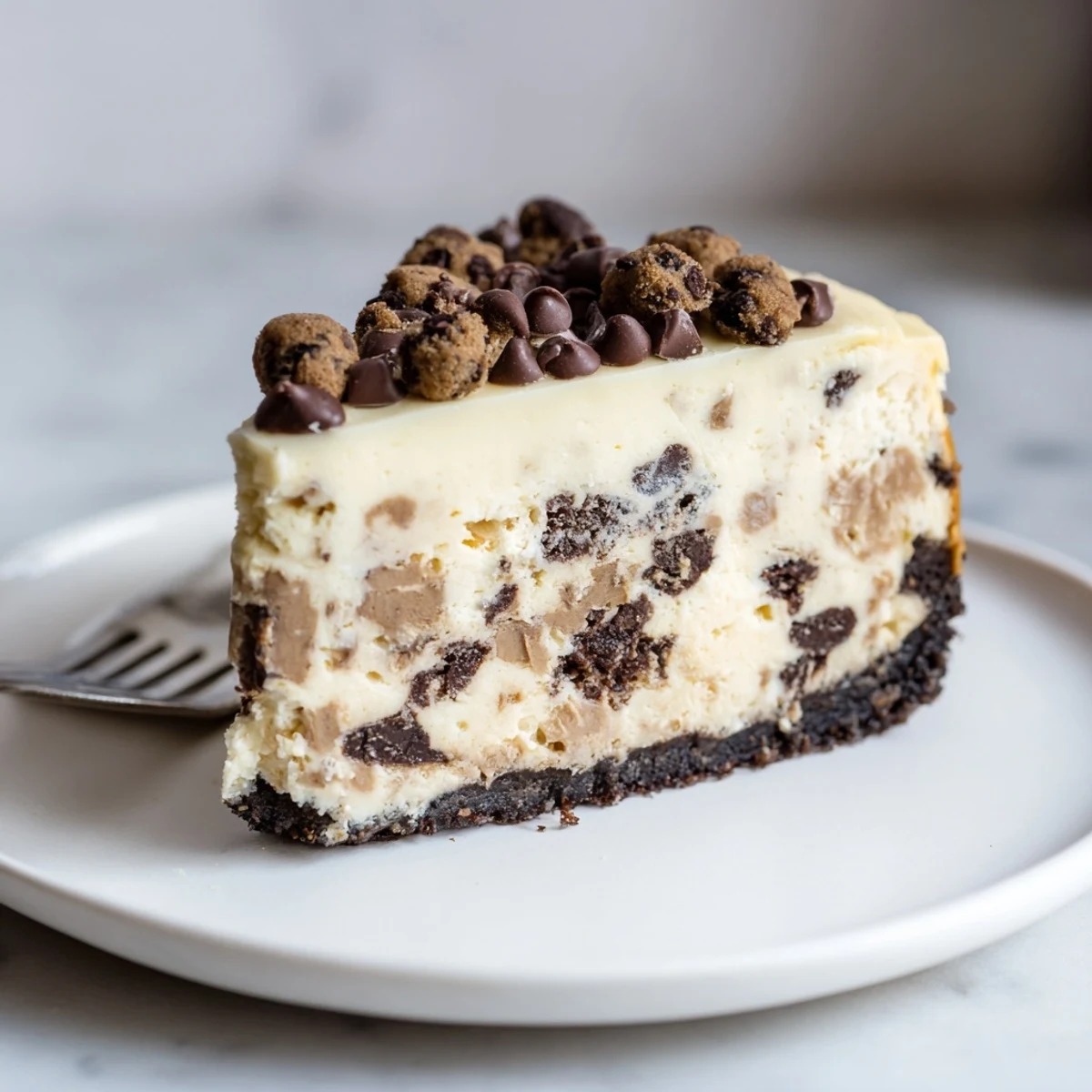 Chocolate Chip Cookie Dough Cheesecake with creamy filling, cookie dough pockets, and chocolate chips