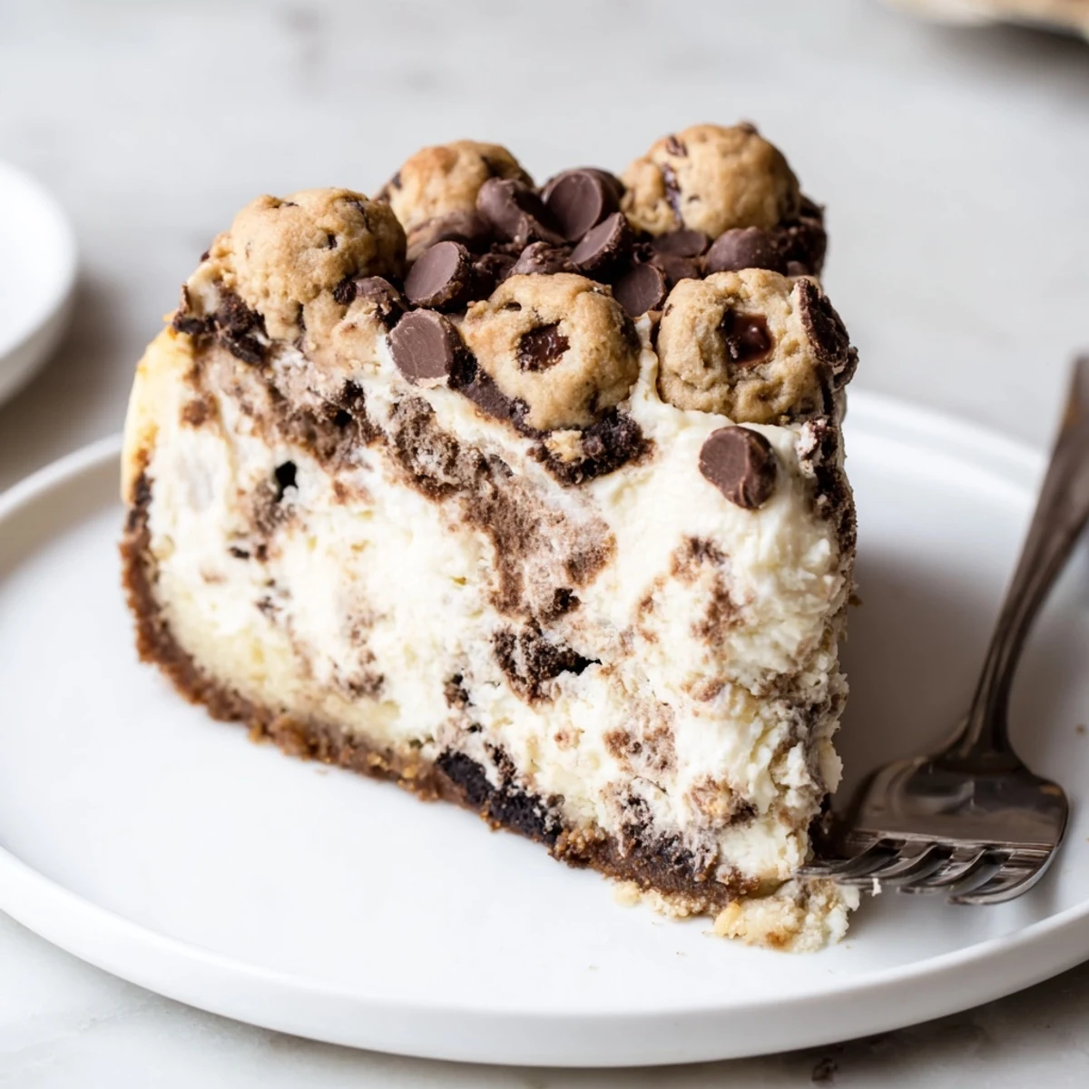 Chocolate Chip Cookie Dough Cheesecake showing gooey dough balls, creamy dense filling, sprinkled chips