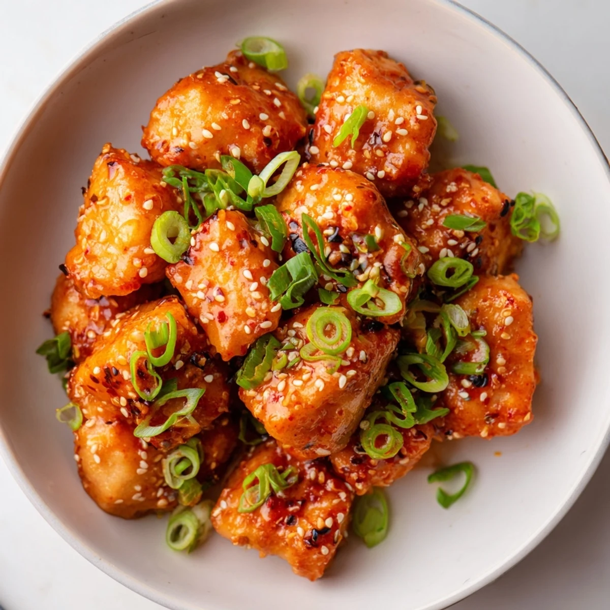 Bang Bang Salmon Bites Recipe with crispy golden bites tossed in creamy sauce