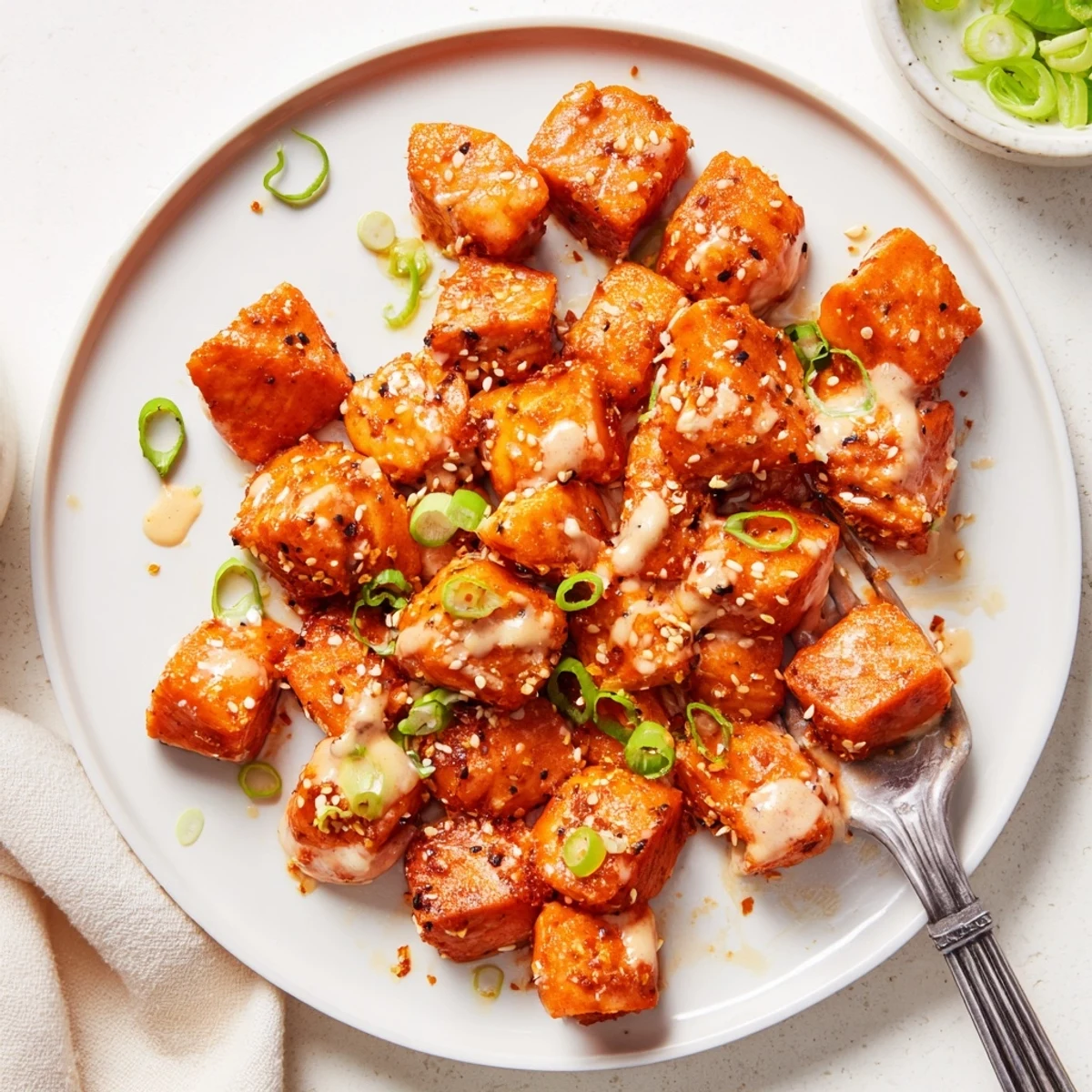 Serve Bang Bang Salmon Bites Recipe over jasmine rice for spicy crunchy comfort