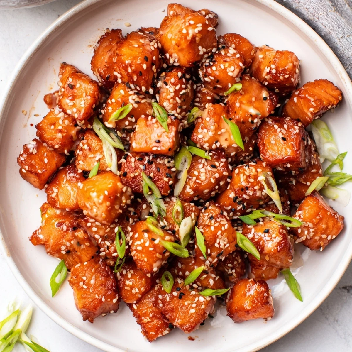 Warm Bang Bang Salmon Bites Recipe garnished with green onions and sesame seeds