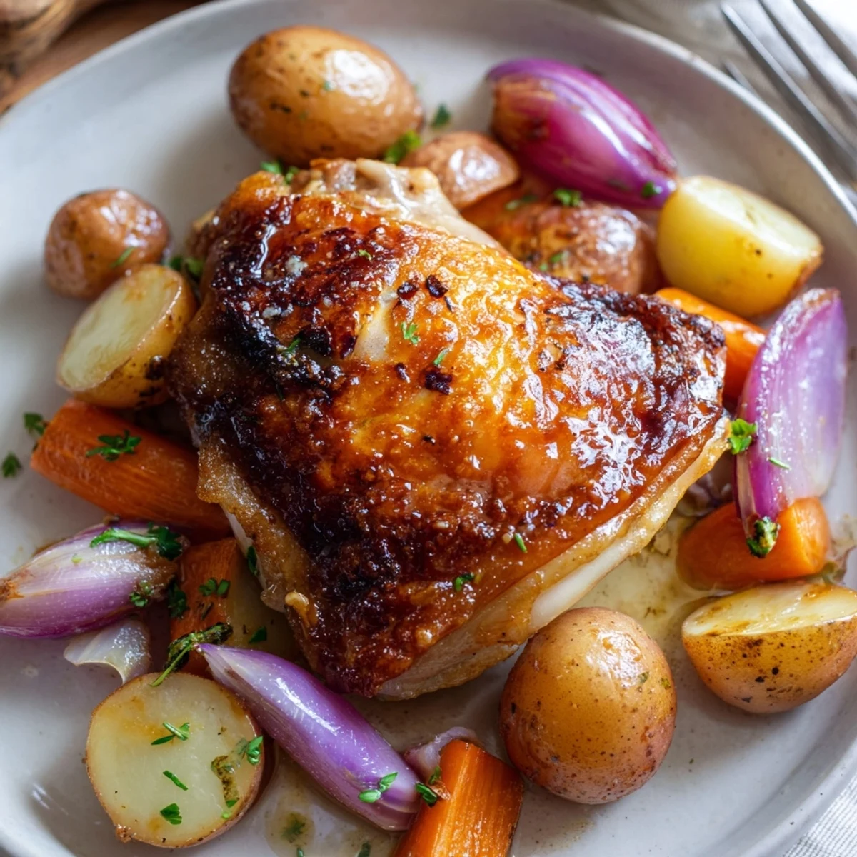 Juicy roasted thighs and crisp vegetables ready for Sheet Pan Chicken And Potatoes