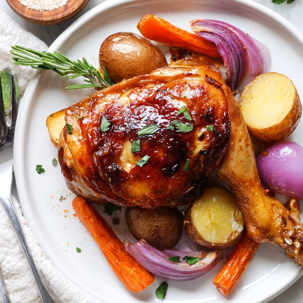 Served hot from the oven, Sheet Pan Chicken And Potatoes garnished with chopped parsley