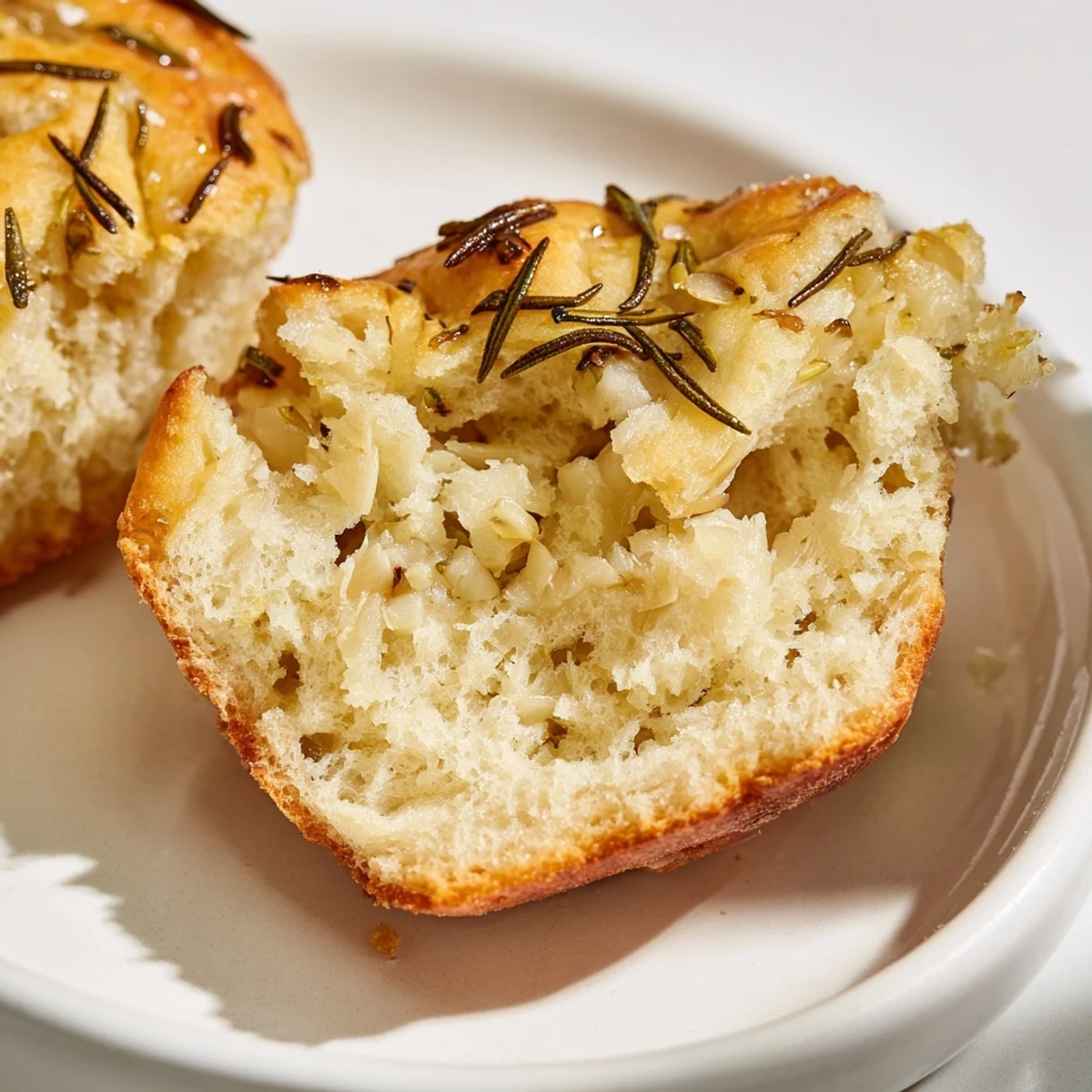 Steaming golden Garlic Rosemary Focaccia Muffins brushed with olive oil, flaky salt
