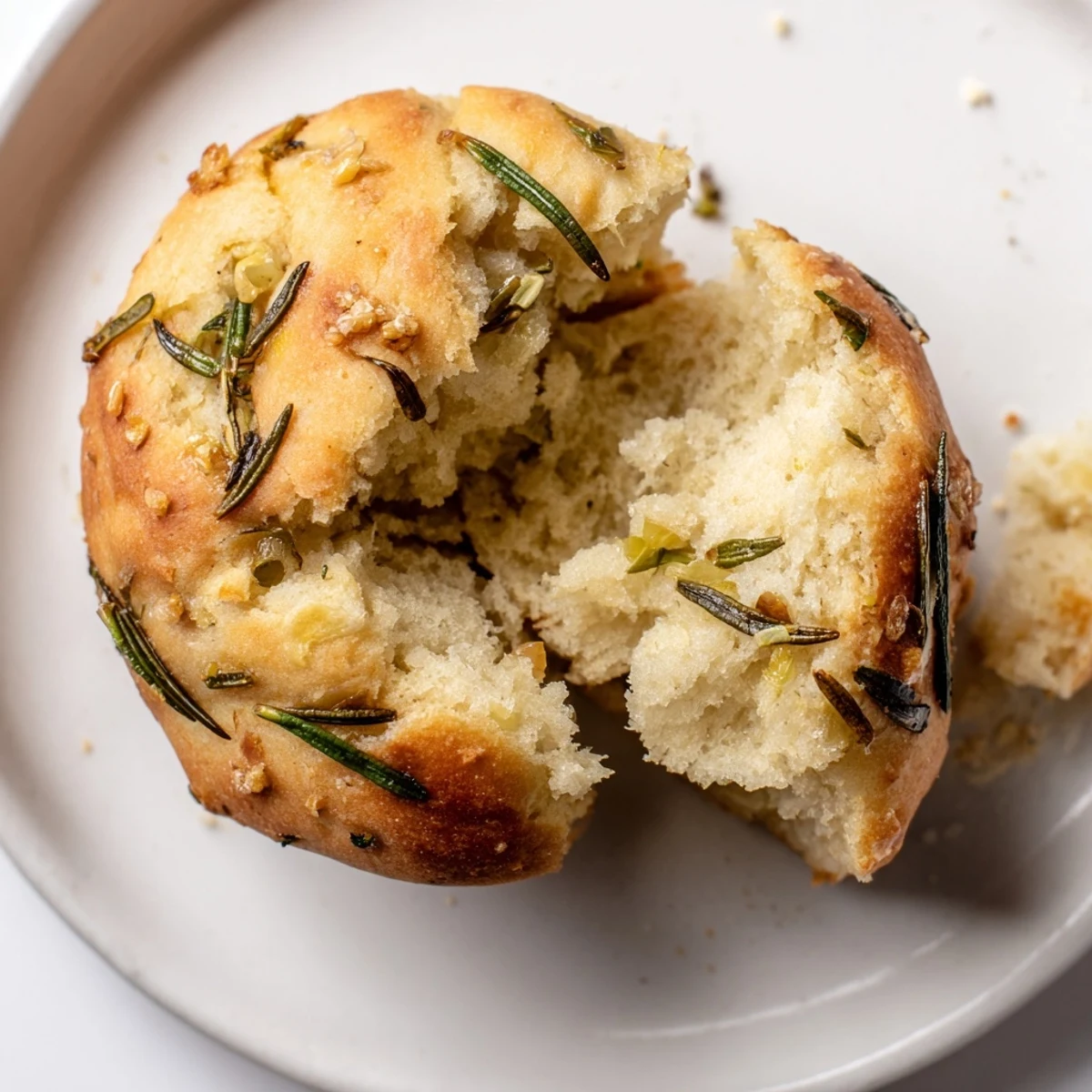 Fresh-from-oven Garlic Rosemary Focaccia Muffins, tender crumb, fragrant roasted garlic and herbs