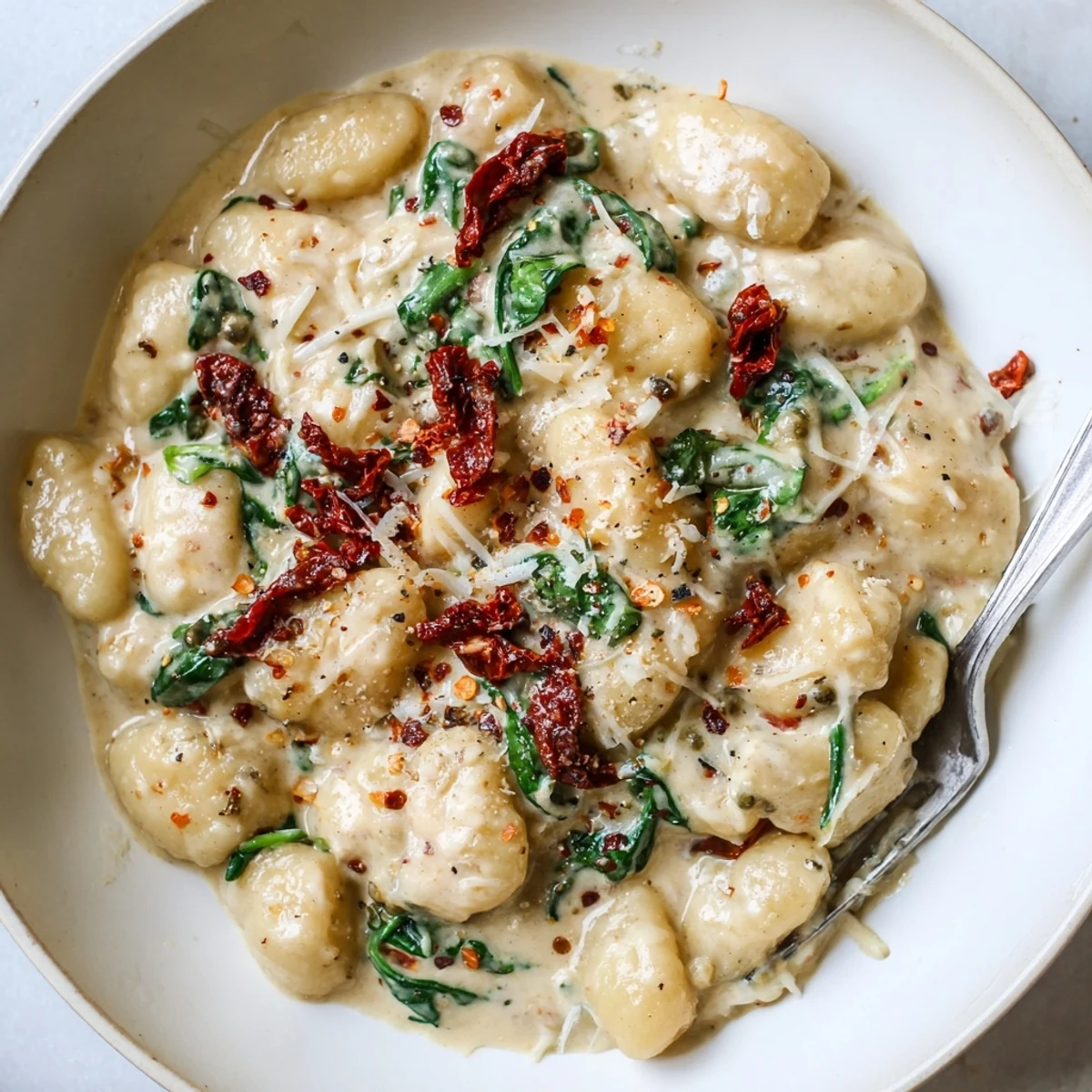 Skillet of Marry Me Gnocchi tossed in silky cream, Parmesan melting