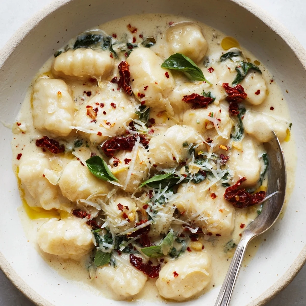 Creamy Marry Me Gnocchi with sun dried tomatoes and basil, steaming on plate