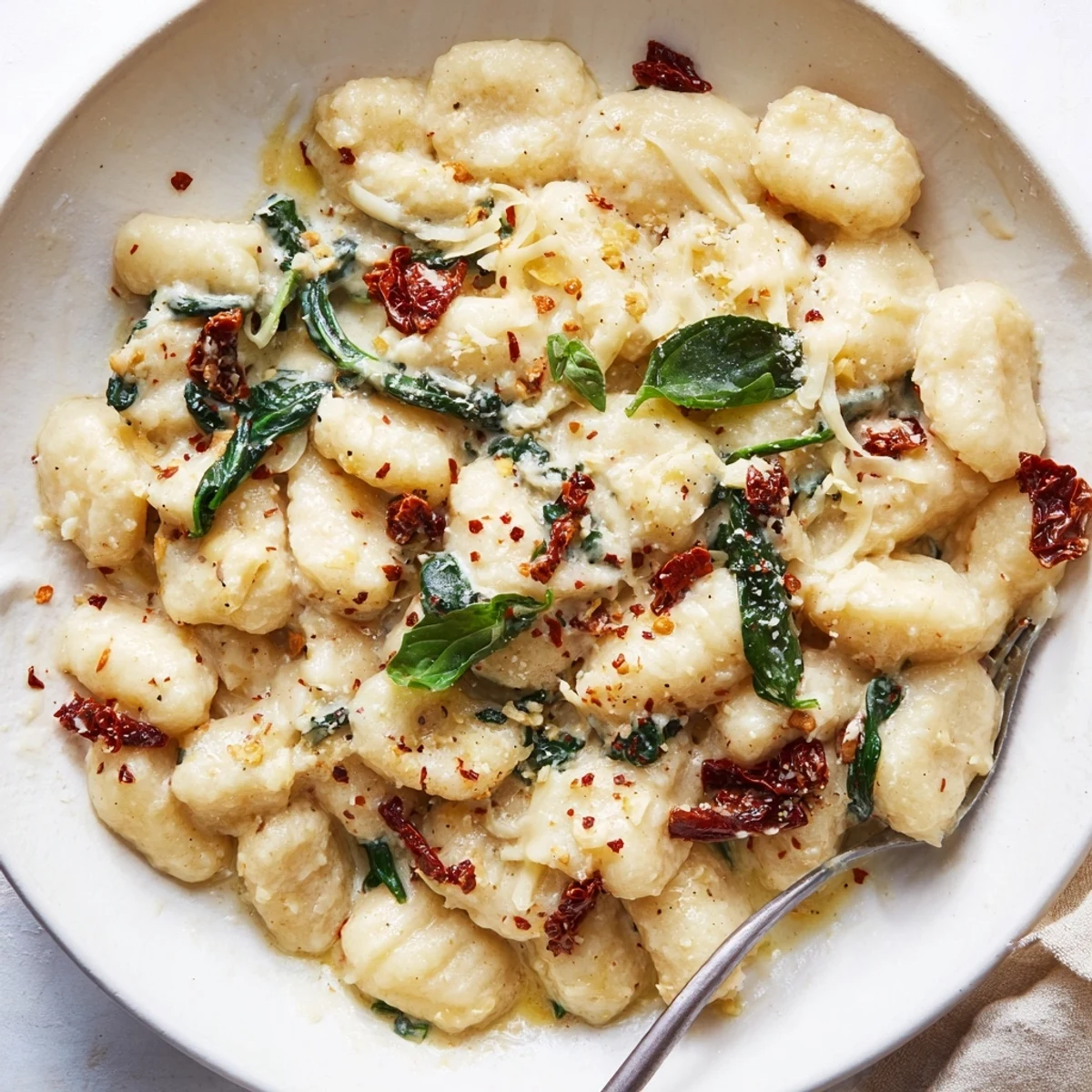 Family style Marry Me Gnocchi garnished with fresh basil, ready to serve