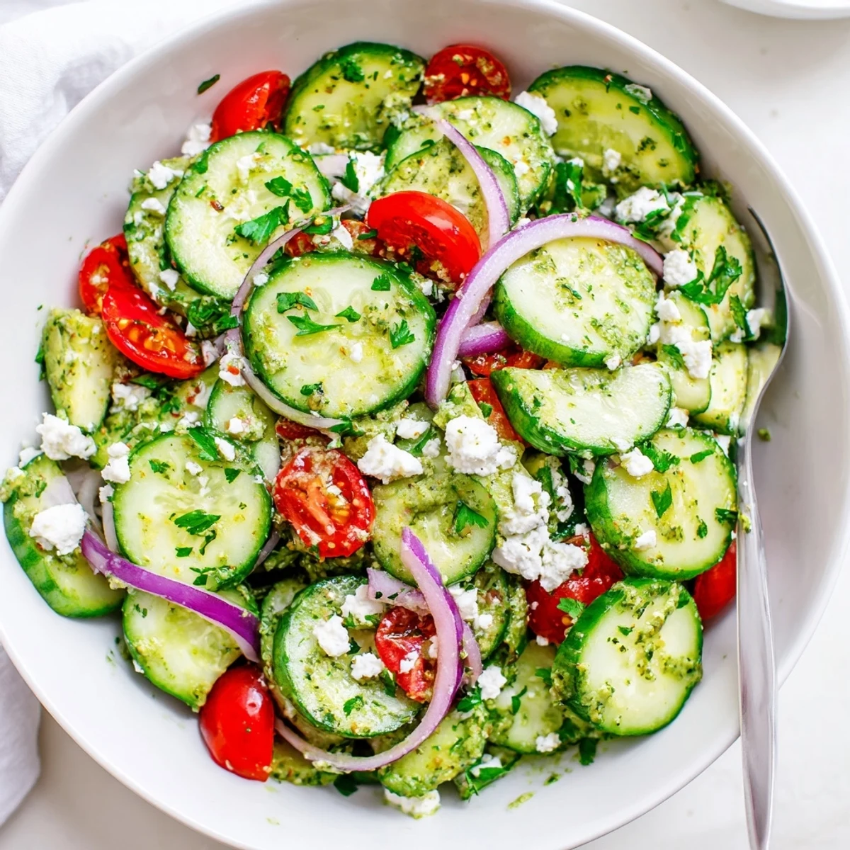 Cucumber Feta Salad With Lemon Greek Vinaigrette: crisp cucumbers, creamy feta, bright citrus.