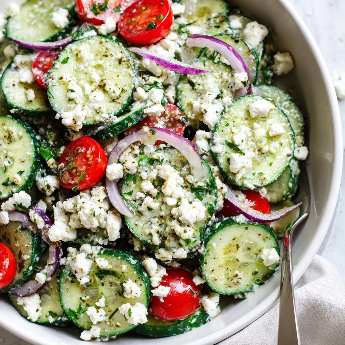 Bright, tangy bowl of Cucumber Feta Salad With Lemon Greek Vinaigrette.