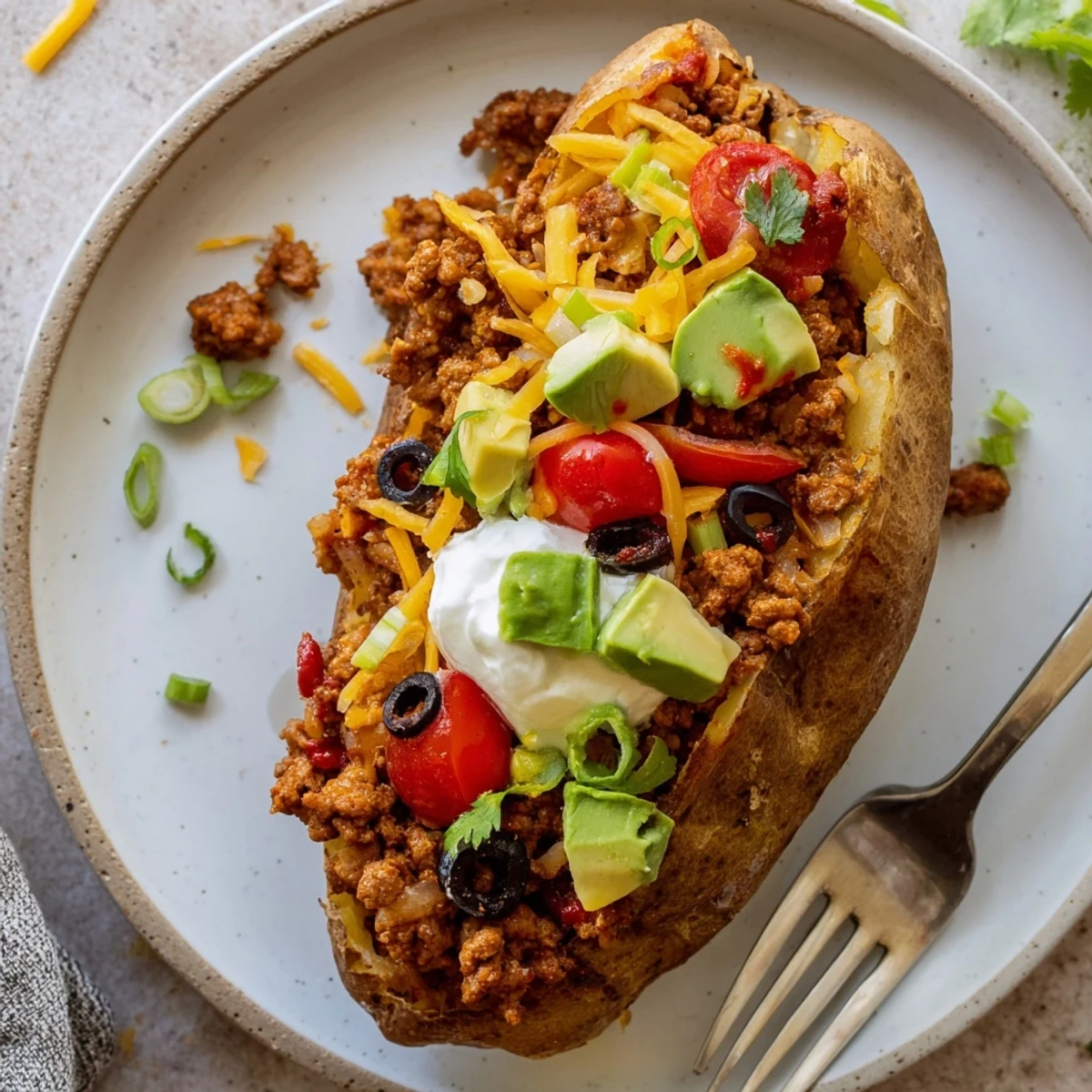 Taco Loaded Baked Potatoes topped with melty cheddar, avocado, and cilantro.