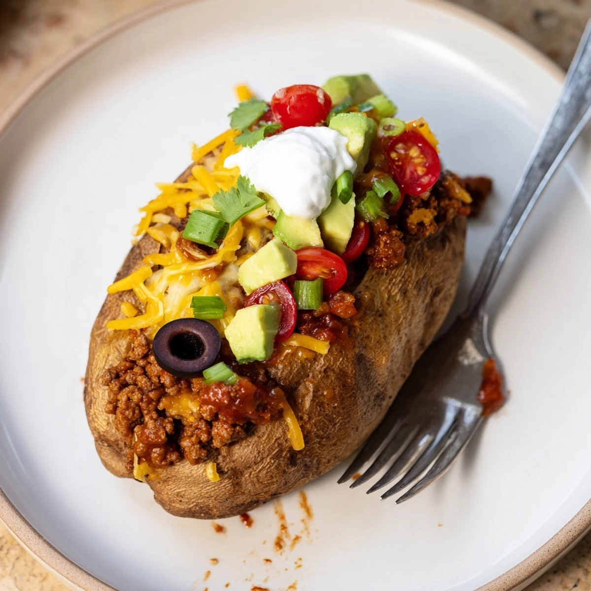 Hearty Taco Loaded Baked Potatoes split open, steaming, ready for salsa.