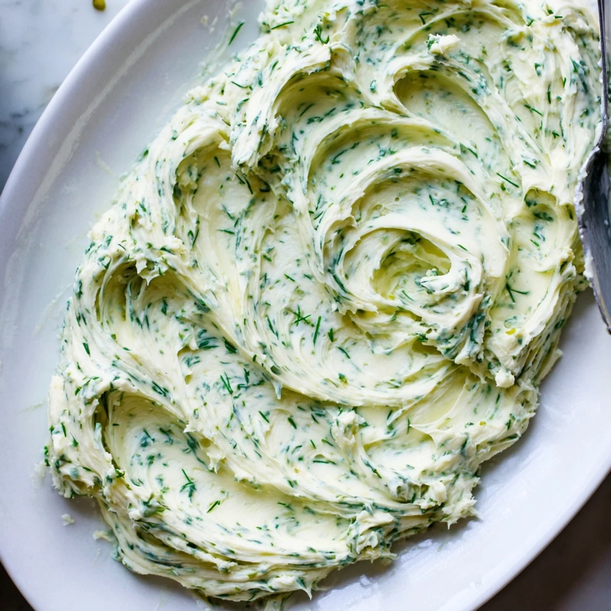 Wooden board showing Rustic Creamy Herb Infused Butter Board topped with pistachios