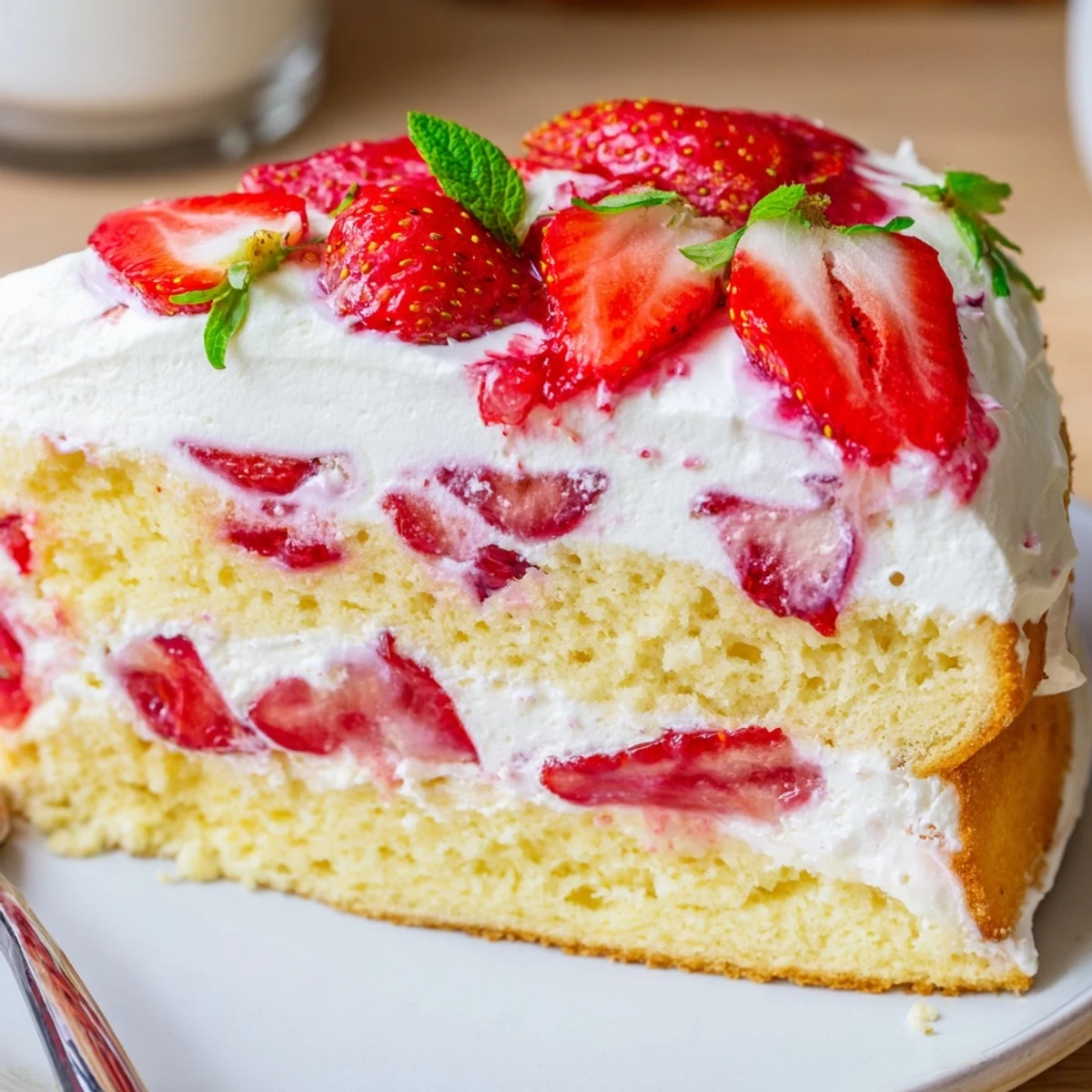 Light Strawberries And Cream Sponge Cake layered with fluffy cream, chilled and sliced