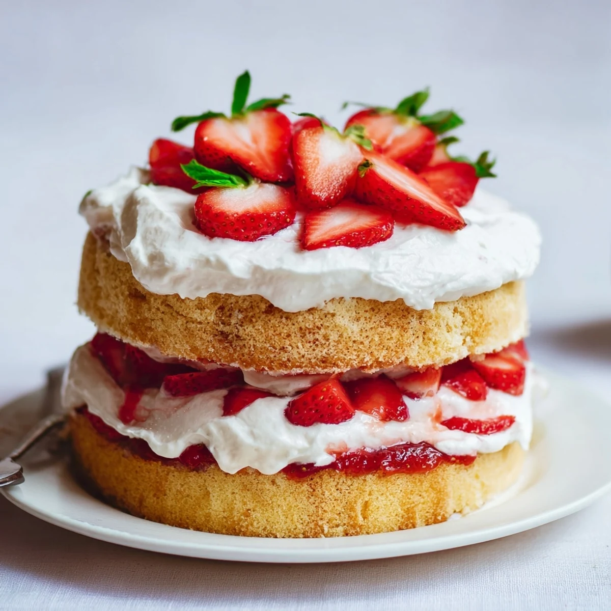 Slices of Strawberries And Cream Sponge Cake with glossy berries and whipped cream
