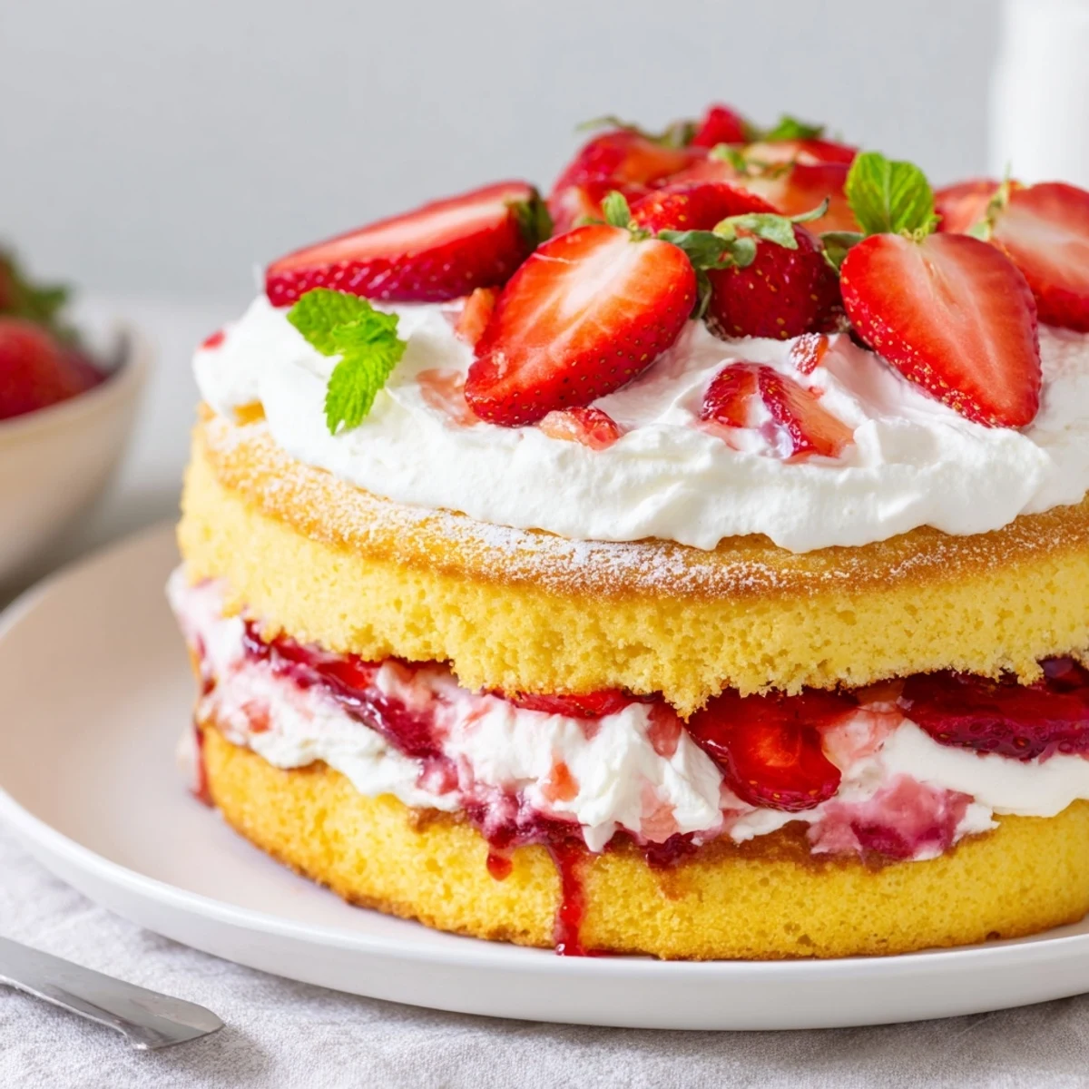 Homestyle Strawberries And Cream Sponge Cake garnished with mint, served on plate