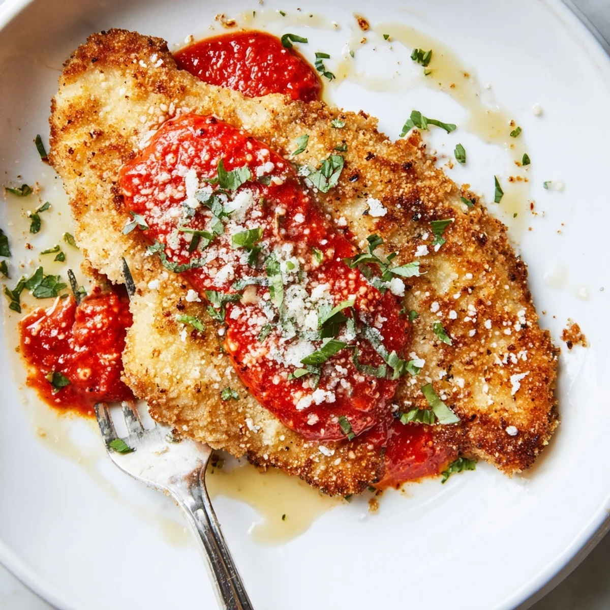 Served over buttered pasta, Parmesan Roasted Red Pepper Chicken brightened with parsley.