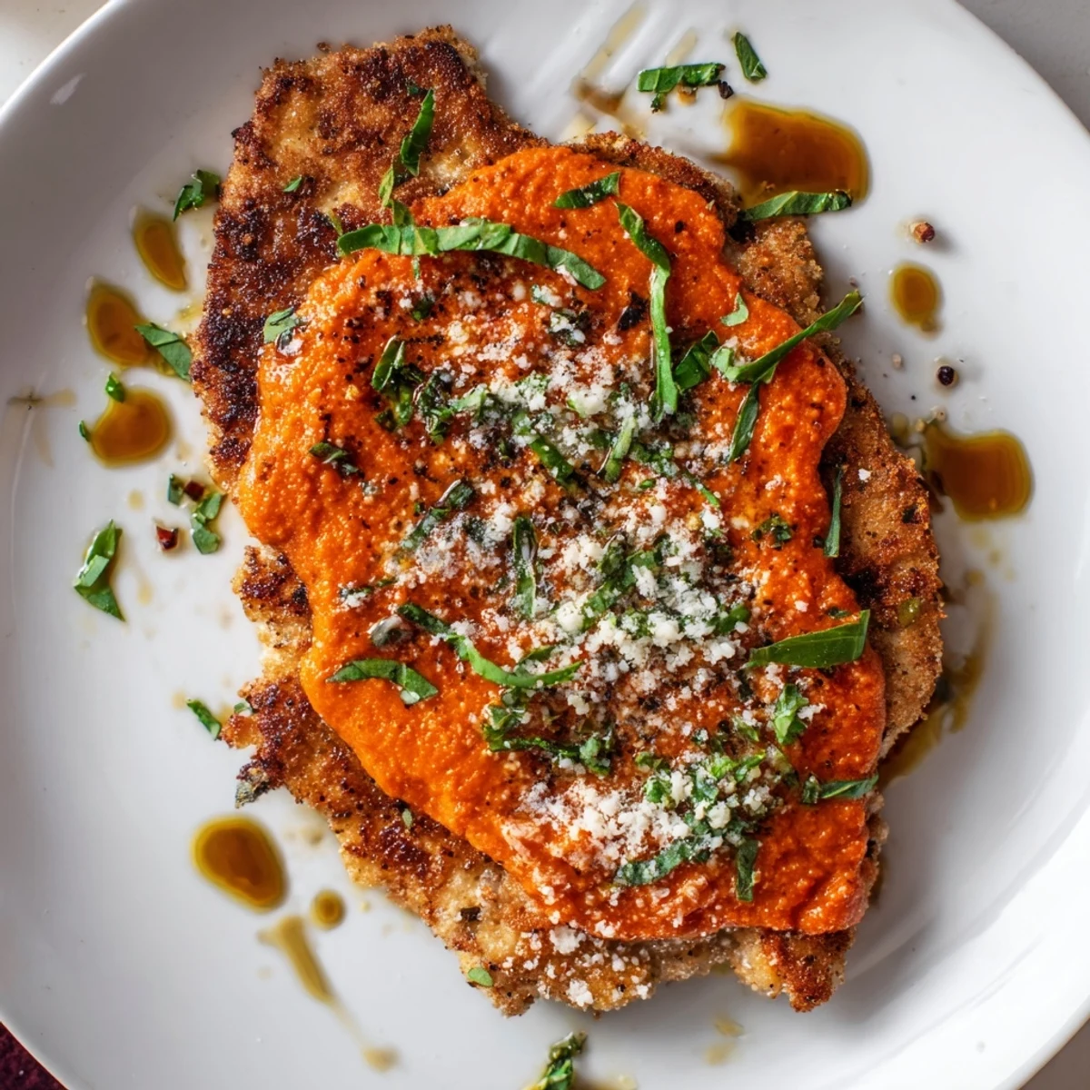 Searing yields crisp edges on Parmesan Roasted Red Pepper Chicken, tender inside.  