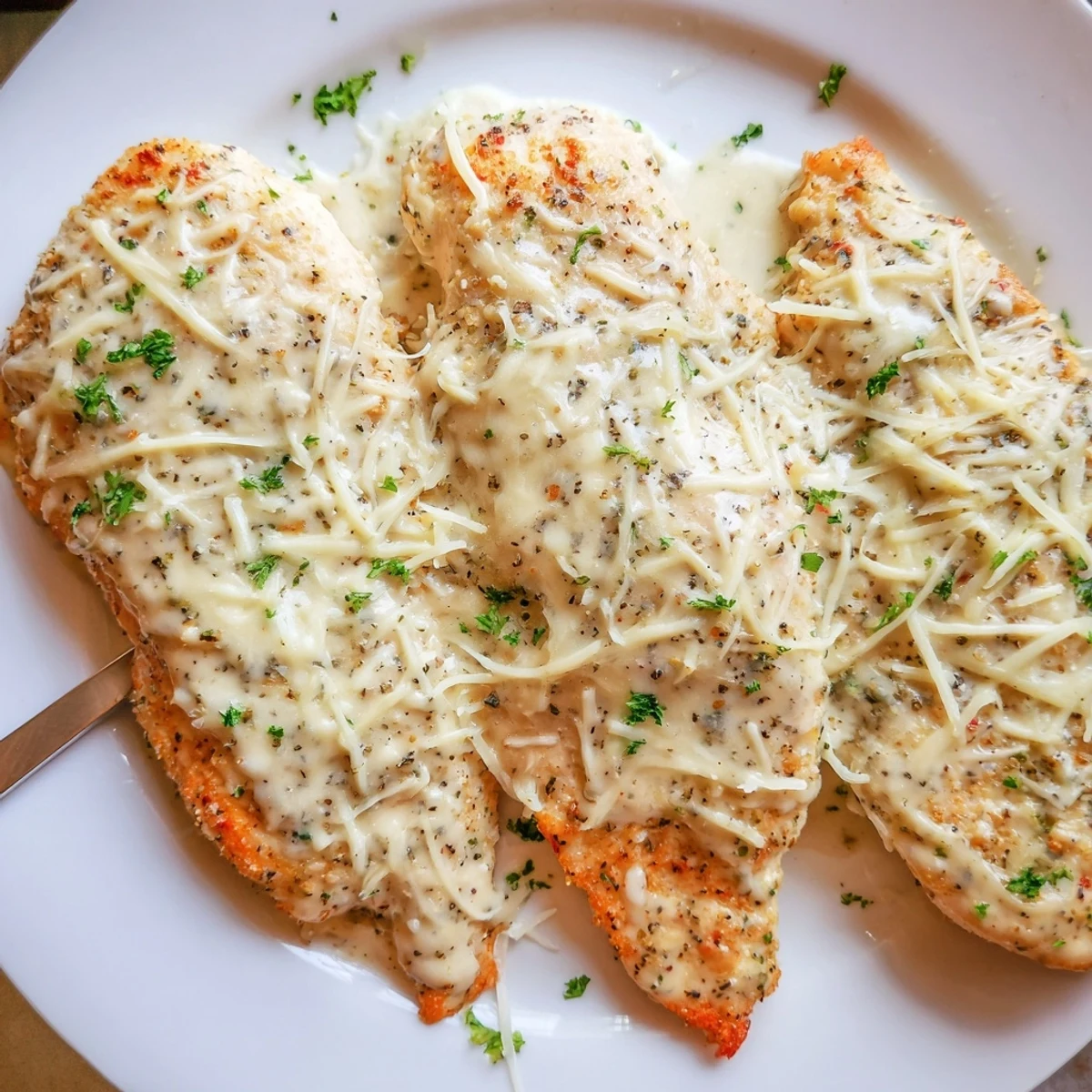 Baked Caesar Chicken With Creamy Parmesan Sauce, golden bubbly top and parsley garnish