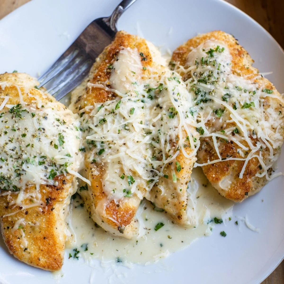Baked Caesar Chicken With Creamy Parmesan Sauce resting, juicy slices and lemon wedge