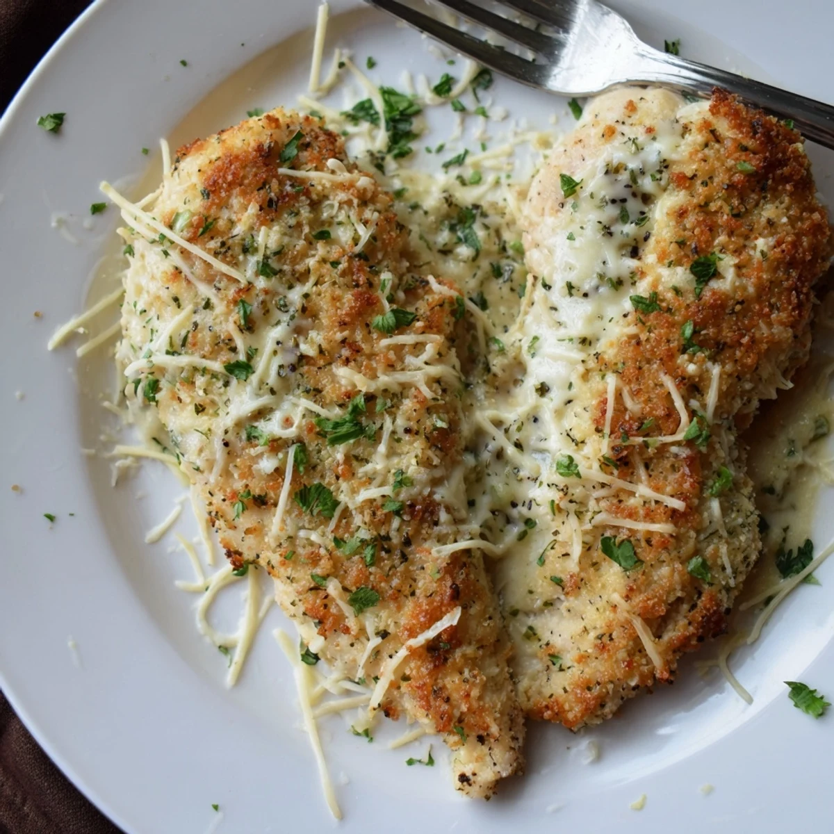 Baked Caesar Chicken With Creamy Parmesan Sauce served over greens, creamy, tangy bite