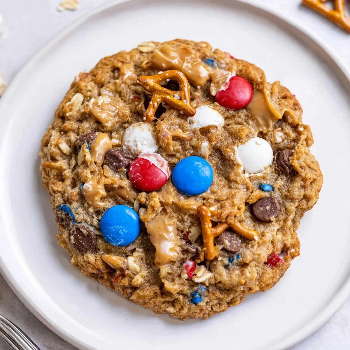 Patriotic Monster Cookies piled on plate, chewy oats, colorful candy crunch  