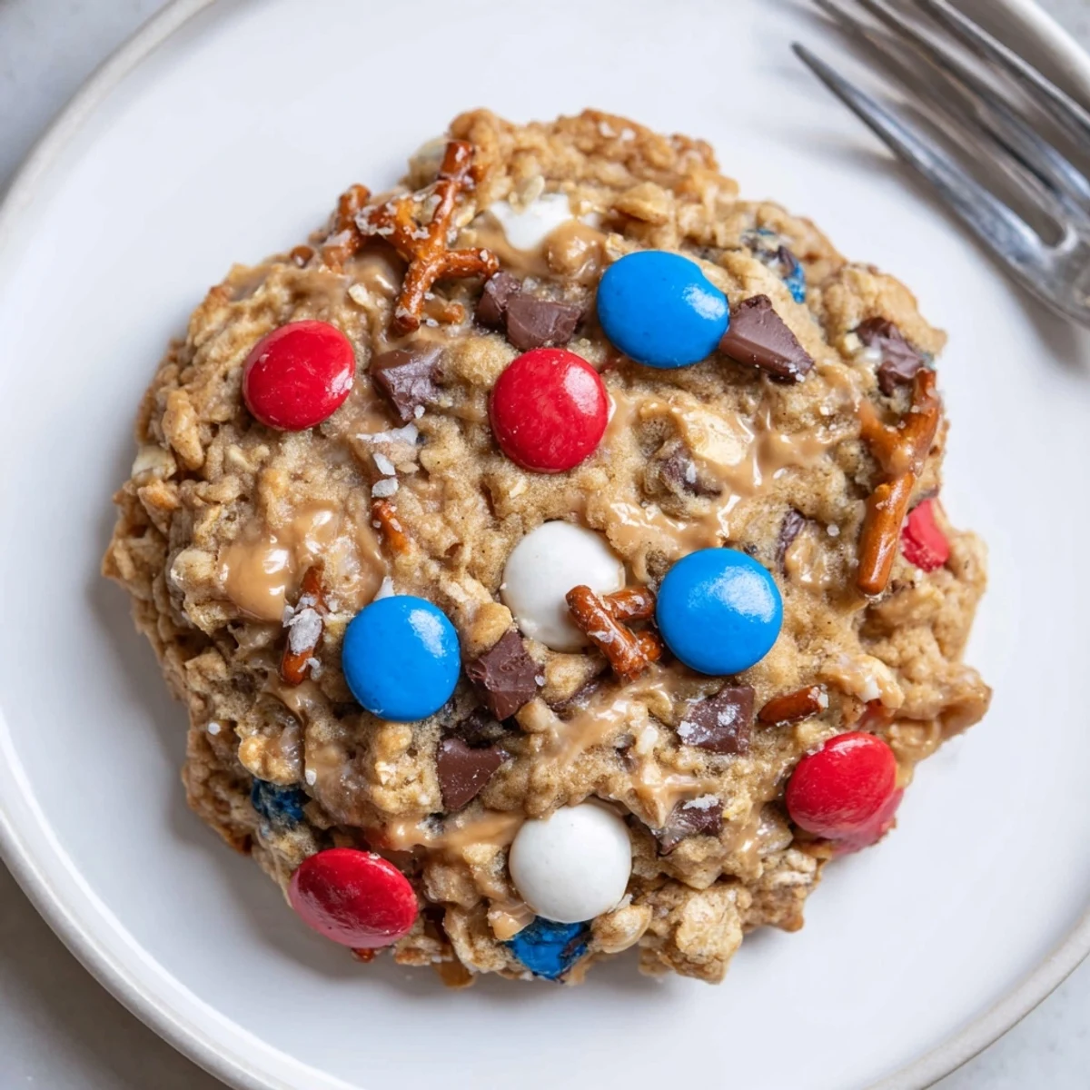Fresh-baked Patriotic Monster Cookies cooling on rack, golden edges, soft centers  