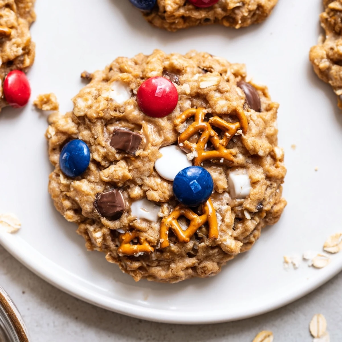 Plate of Patriotic Monster Cookies ready for picnic, peanut butter aroma
