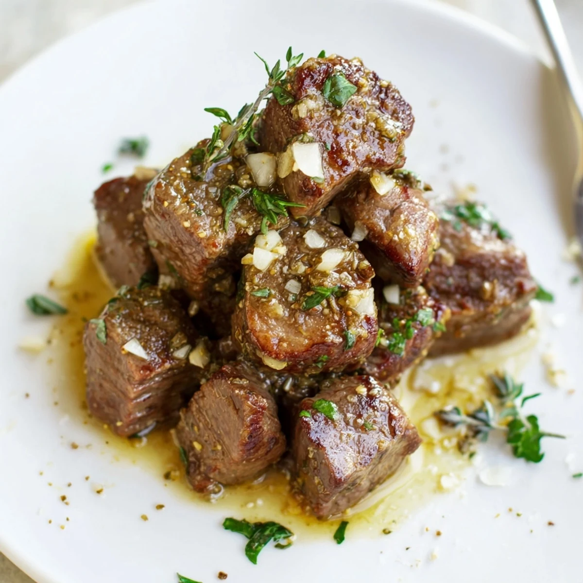 Garlic Butter Steak Bites glistening in herb butter, seared edges and steam.