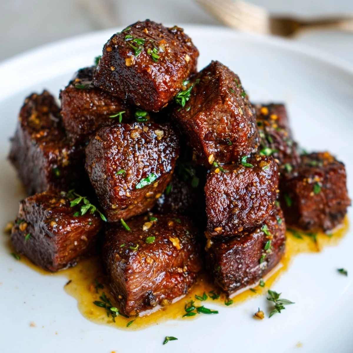 Pan seared Garlic Butter Steak Bites piled on plate, parsley and flaky salt.