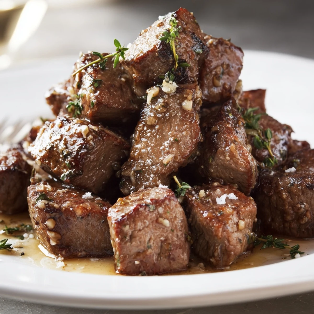 Quick Garlic Butter Steak Bites over mashed potatoes, juicy centers and aroma.