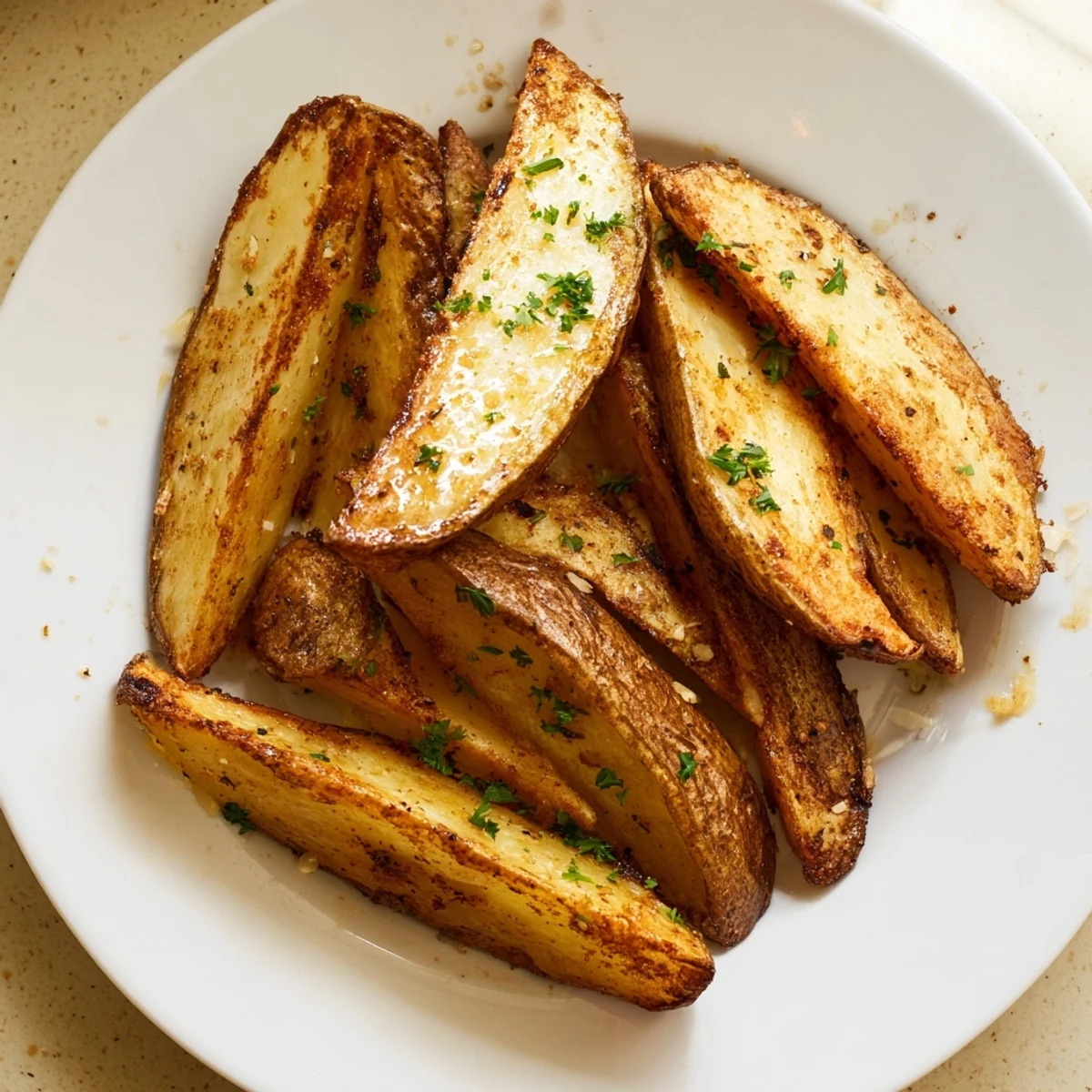 Crispy oven-baked Potato Wedges with golden edges and fluffy centers, garnished with parsley