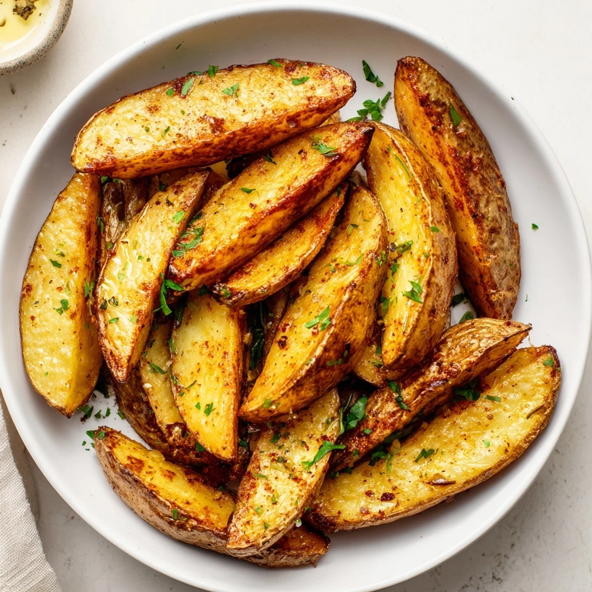 Herby Potato Wedges roasted to crispness, pictured alongside ketchup and aioli