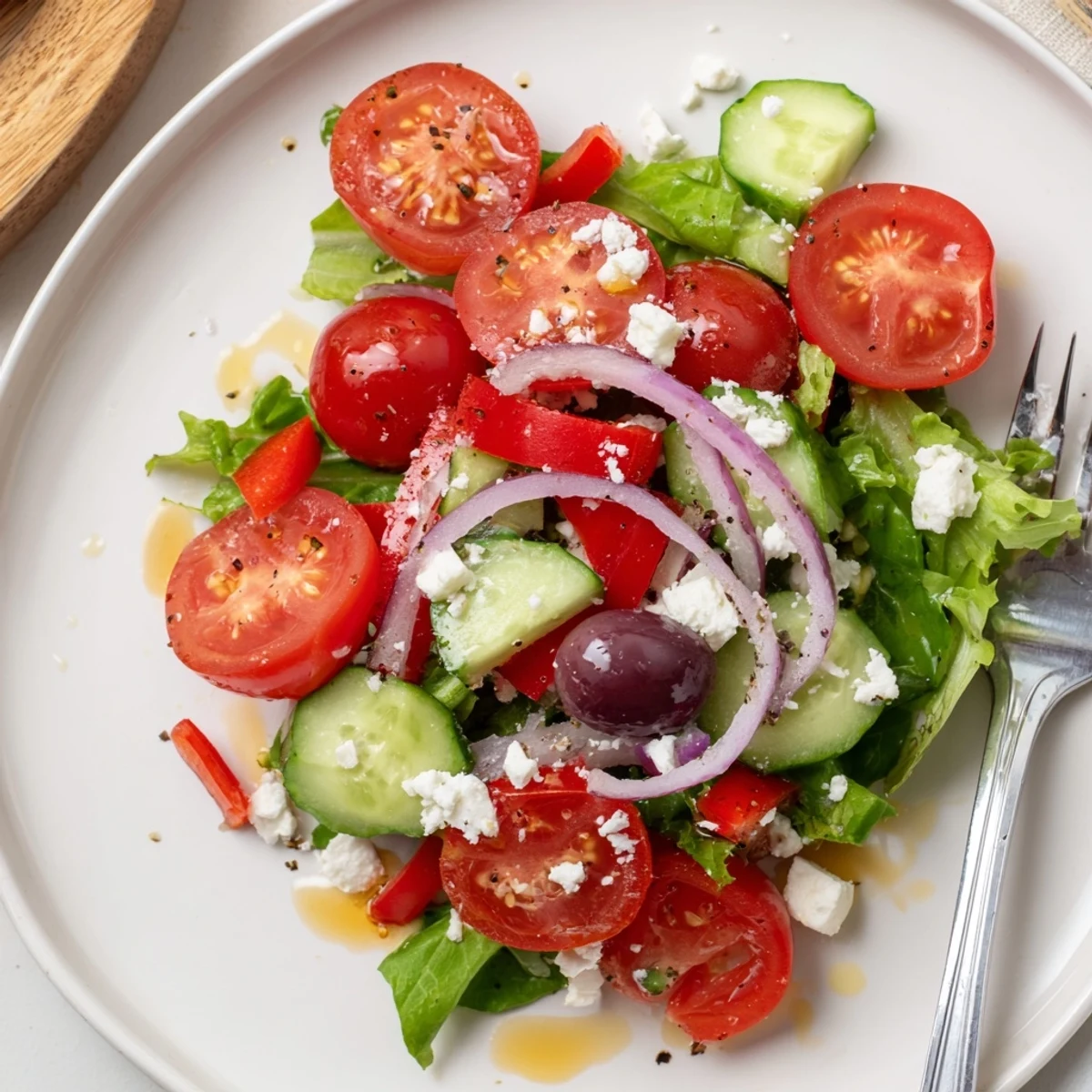 Fresh Salad Recipe with crisp mixed greens, juicy tomatoes, bright lemon dressing.