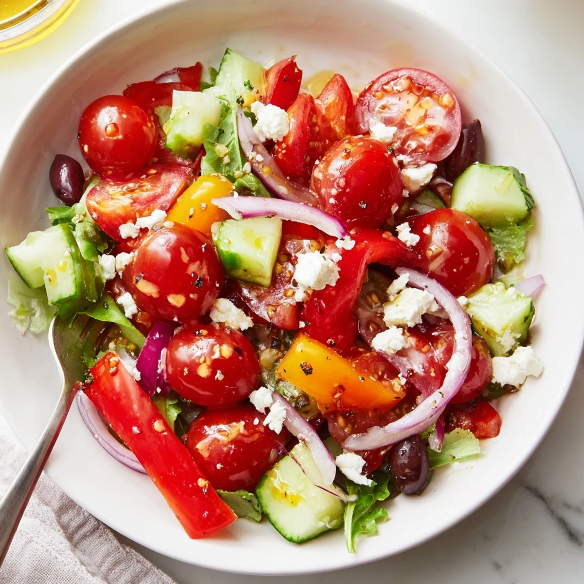 Heaping bowl showcasing Fresh Salad Recipe tossed with feta and olives.
