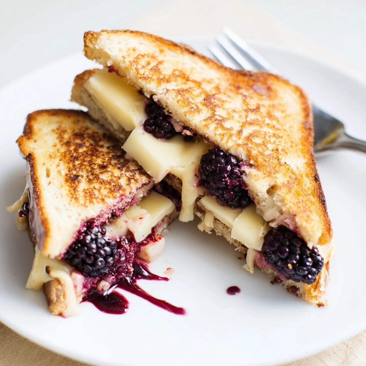 Balsamic Blackberry Bliss Grilled Cheese with melted brie, golden crust, juicy berries.