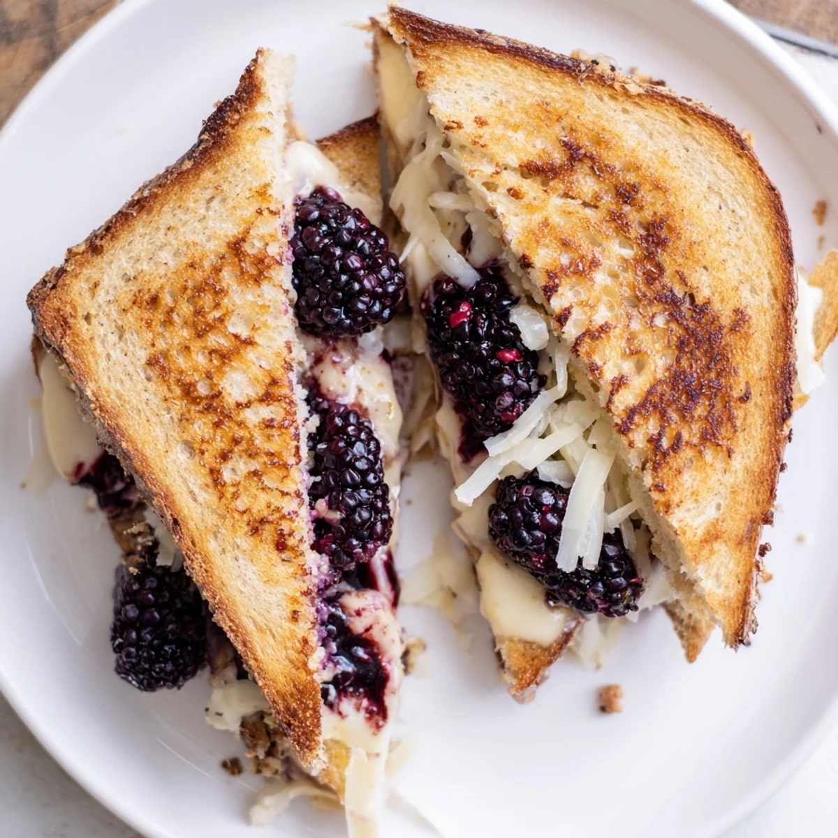 Warm Balsamic Blackberry Bliss Grilled Cheese oozing cheddar, balsamic glaze, sliced on board.