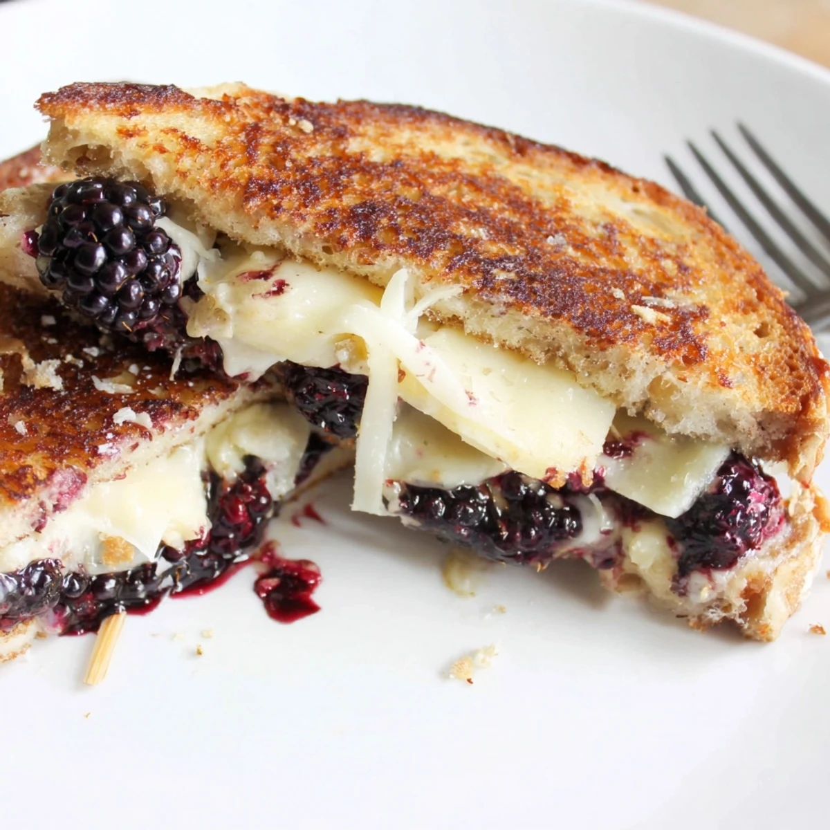 Toasted Balsamic Blackberry Bliss Grilled Cheese served with basil garnish and Pinot Noir.