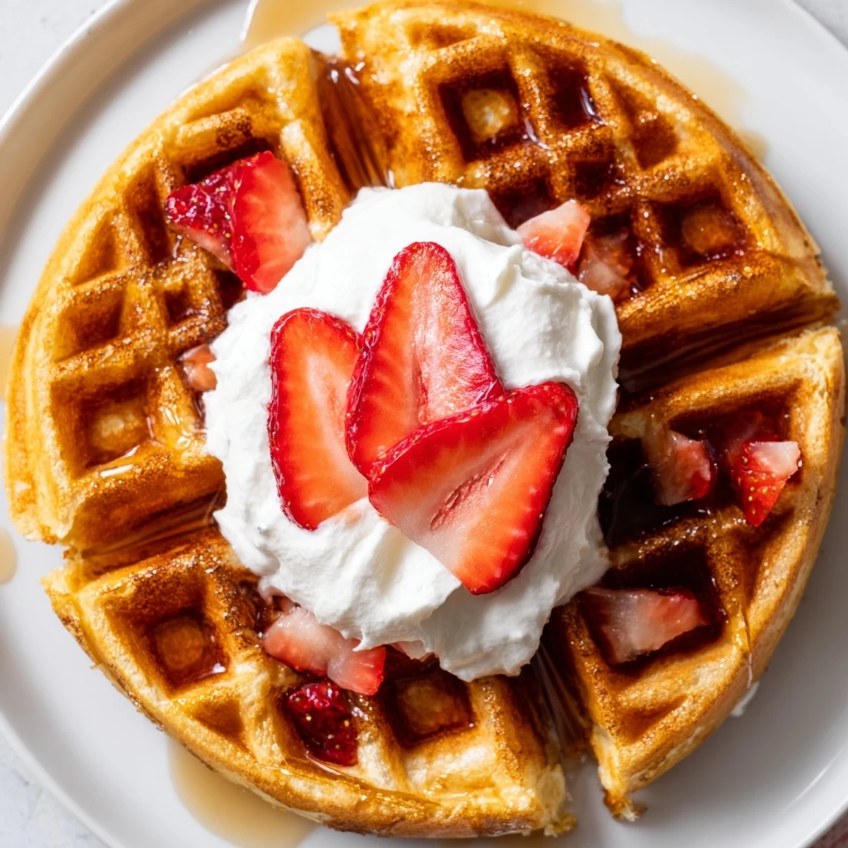 Strawberry Waffles Recipe showing golden waffles studded with diced strawberries and syrup