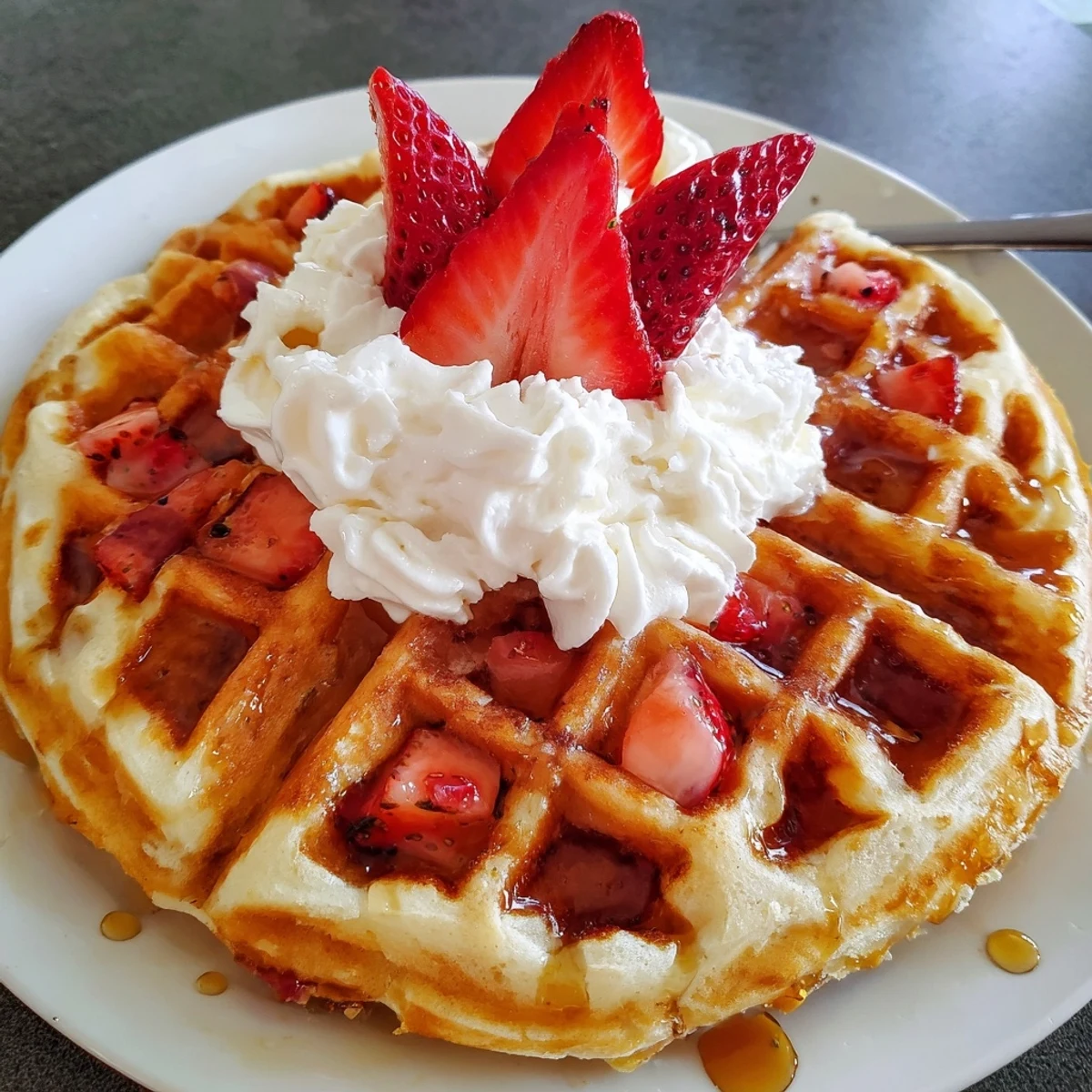 Warm Strawberry Waffles Recipe served with whipped cream, fresh berries, sticky maple syrup