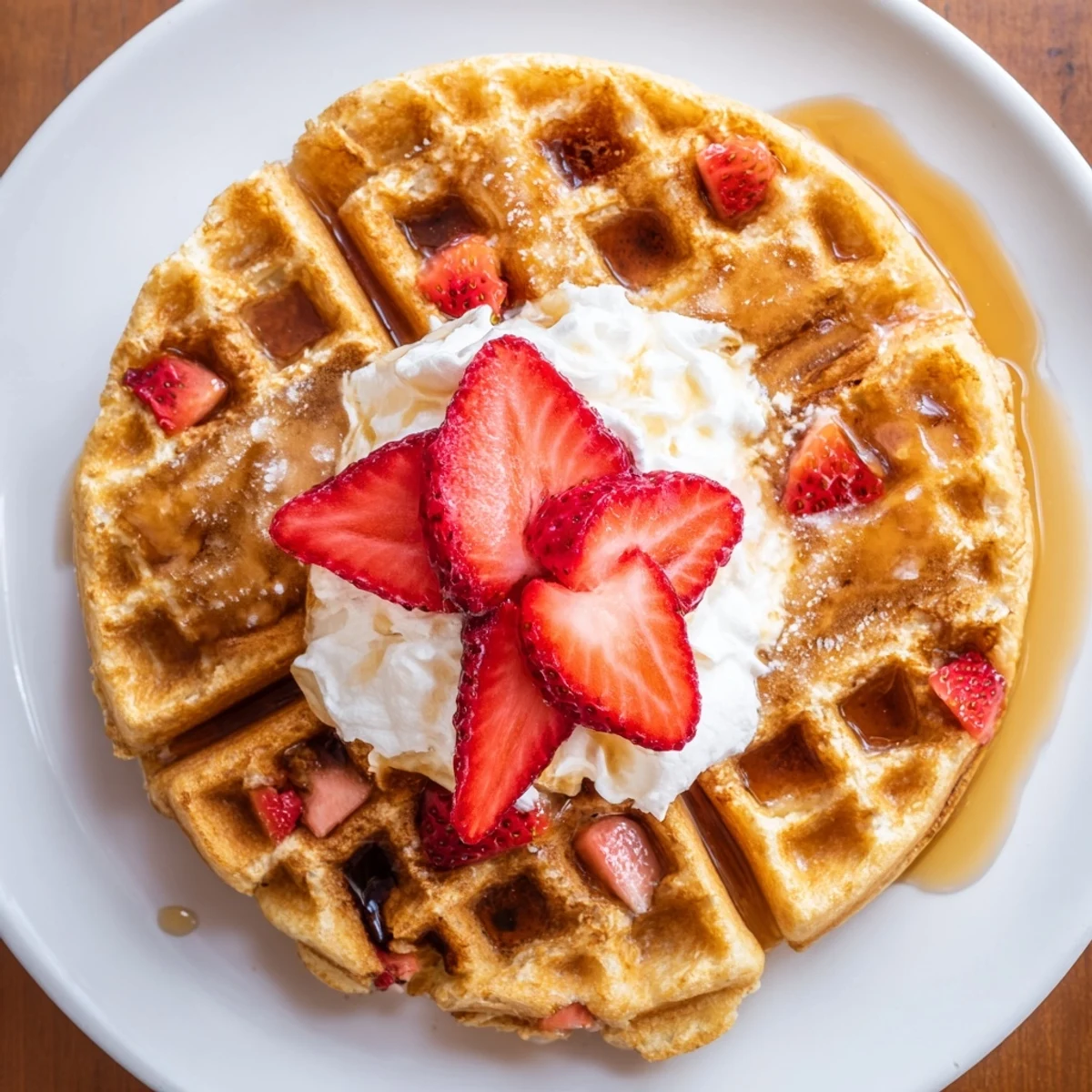 Crispy edges on Strawberry Waffles Recipe, topped with sliced berries and butter