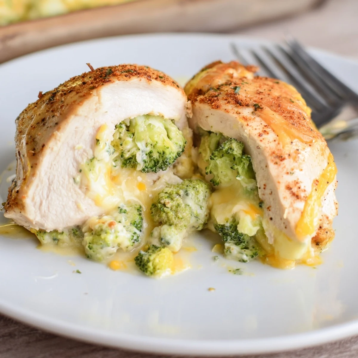 Golden, bubbling Broccoli Cheese Stuffed Chicken Breast sliced to reveal melty filling